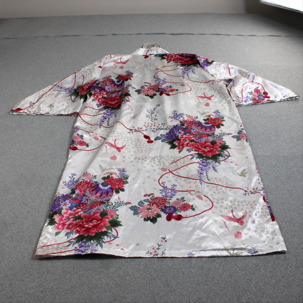 Vintage Floral Kimono Robe Women 42 White Satin Belted Long 3/4 Sleeve Japan